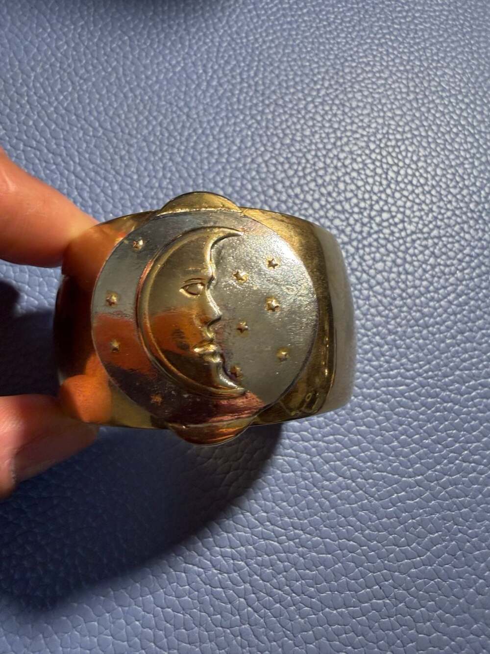 Vintage Celestial Man in the Moon and Stars Gold Tone Cuff Bracelet